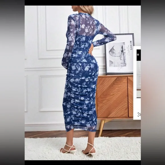 SHEIN Maternity Floral Print Ruched Side Mesh Bodycon Dress With Long Sleeves - Picture 2 of 4